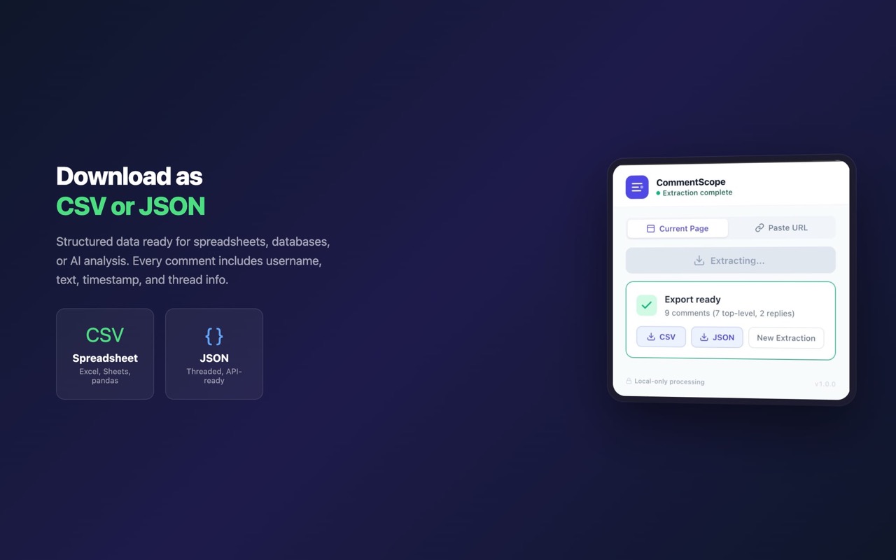 CommentScope download screen with CSV and JSON export buttons after extraction is complete