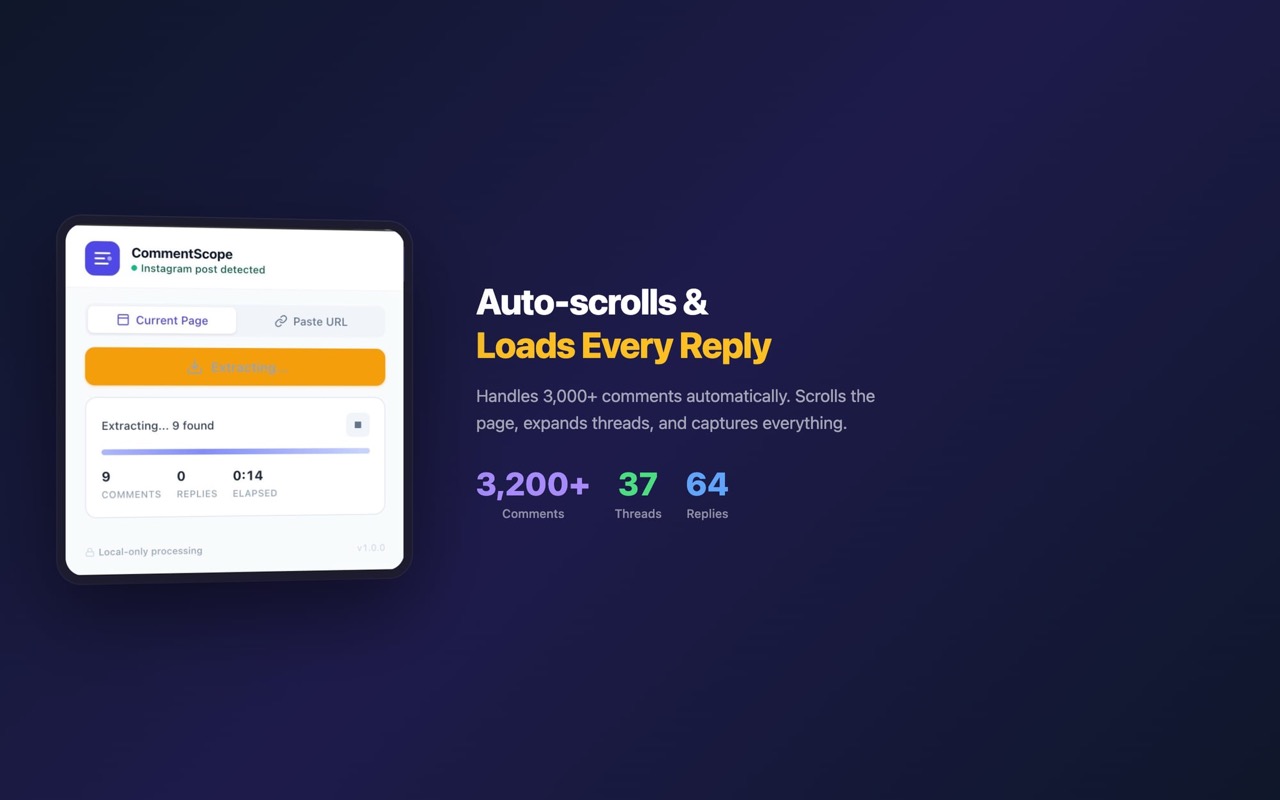 CommentScope extracting 412 of 602 comments with live progress bar and real-time stats