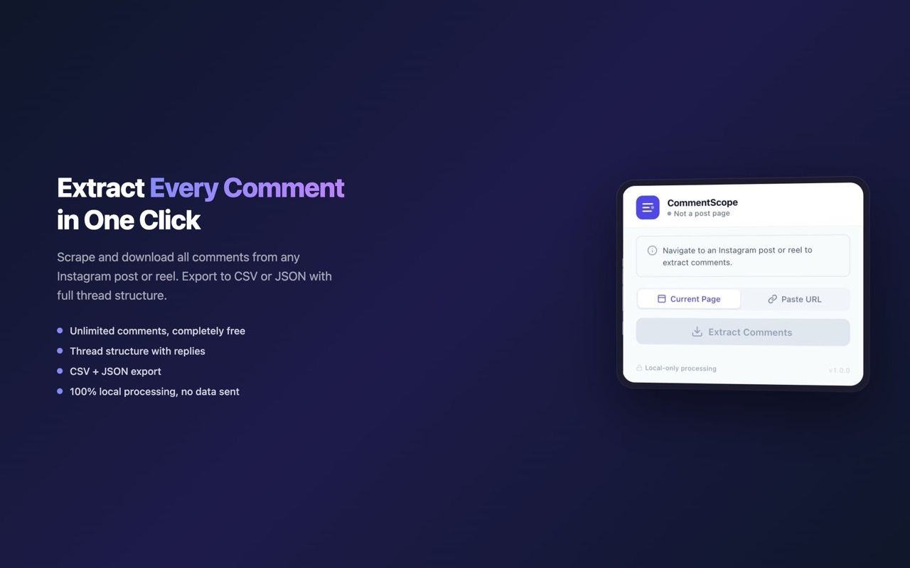 CommentScope Chrome extension showing the Extract Comments interface on an Instagram post